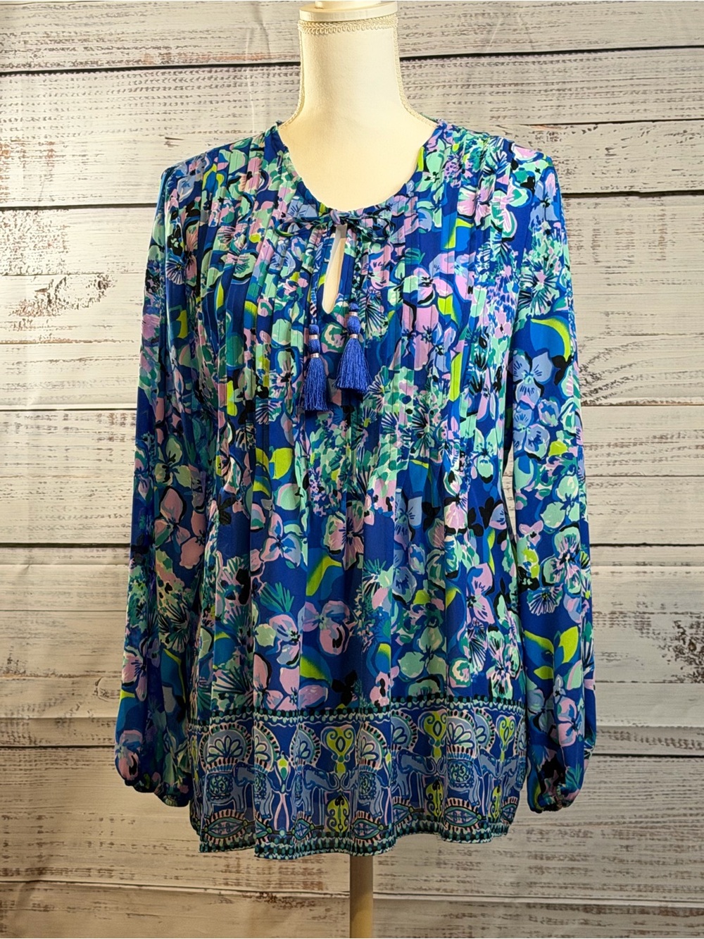 Lilly Pulitzer Blue Floral Tassel Peasant Tunic